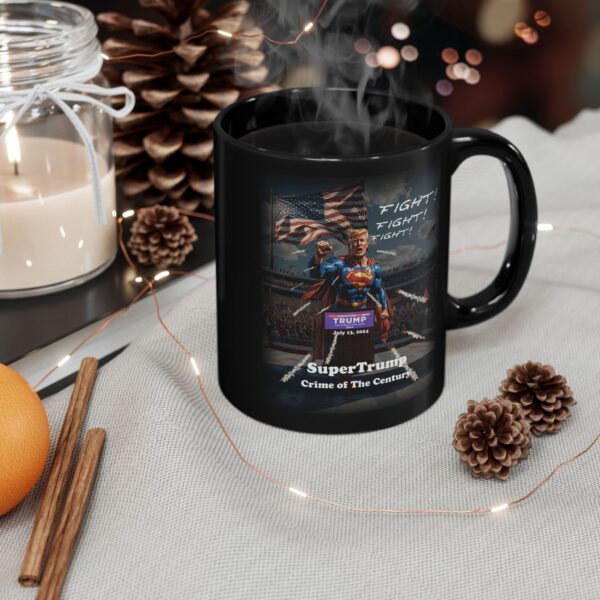 SuperTrump Crime Of The Century Mug Black Ceramic next to a scented candle