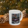 Amazing MAGA Man white ceramic mug on a table next to a Christmas tree