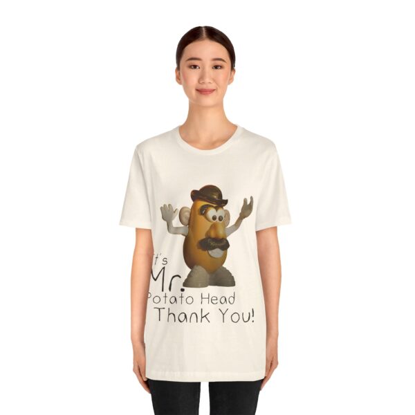 asian girl wearing natural color It's Mr. Potato Head t-shirt black text