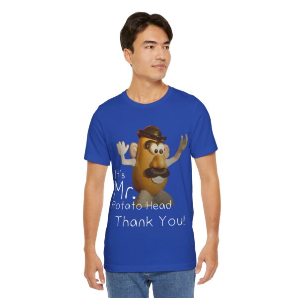 asian guy wearing true royal blue It's Mr. Potato Head t-shirt white text