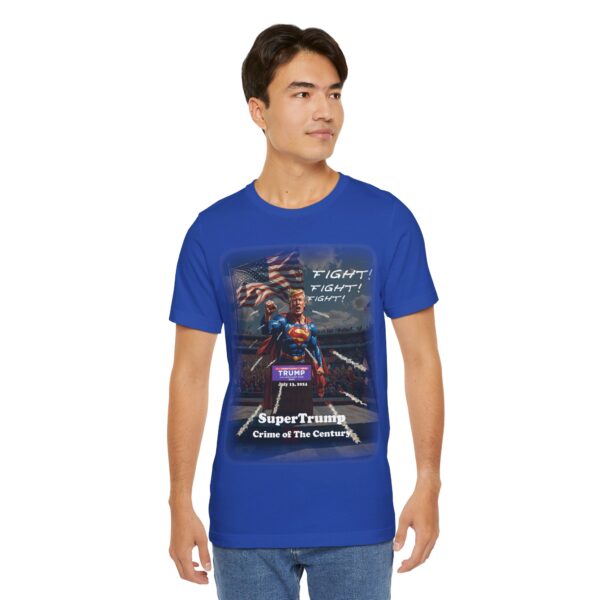 asian guy wearing true royal blue SuperTrump - Crime of the Century t-shirt