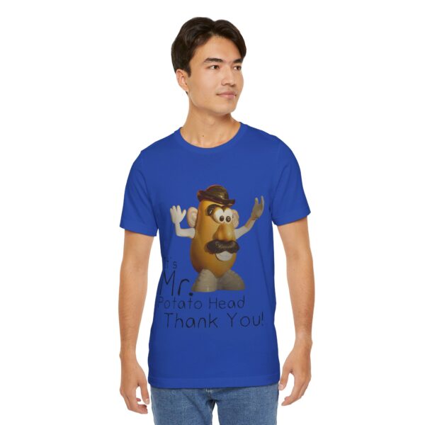 asian guy wearing true royal blue It's Mr. Potato Head t-shirt black text