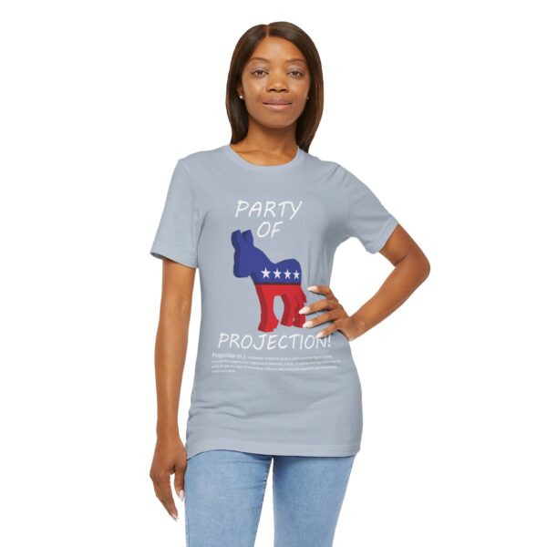 black girl wearing light blue Party Of Projection t-shirt