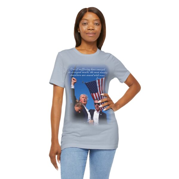 black girl wearing light blue Trump Seared With Scars T-shirt