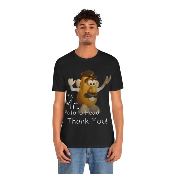 black guy wearing black It's Mr. Potato Head t-shirt white text