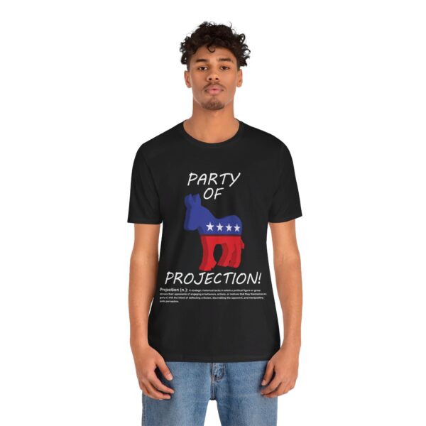 black guy wearing black Party Of Projection t-shirt