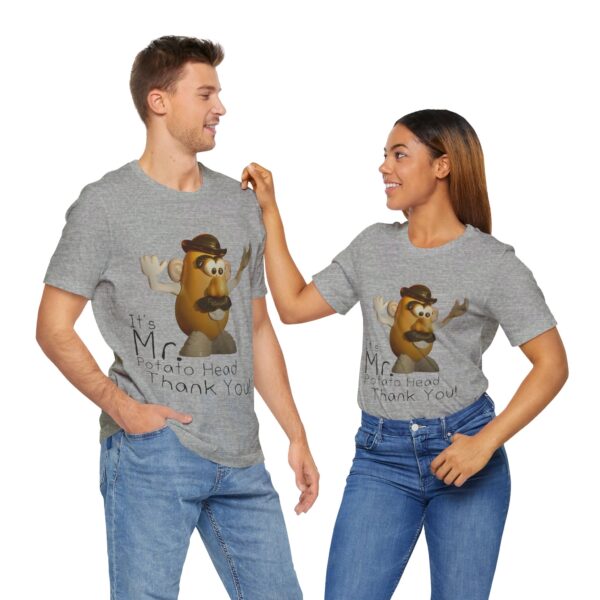 couple wearing athletic heather It's Mr. Potato Head t-shirt black text