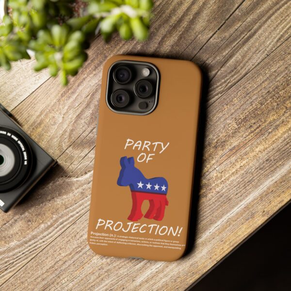 Custom Party of Projection White Text Tough Phone Cases for iPhone 15 Pro Max on a table