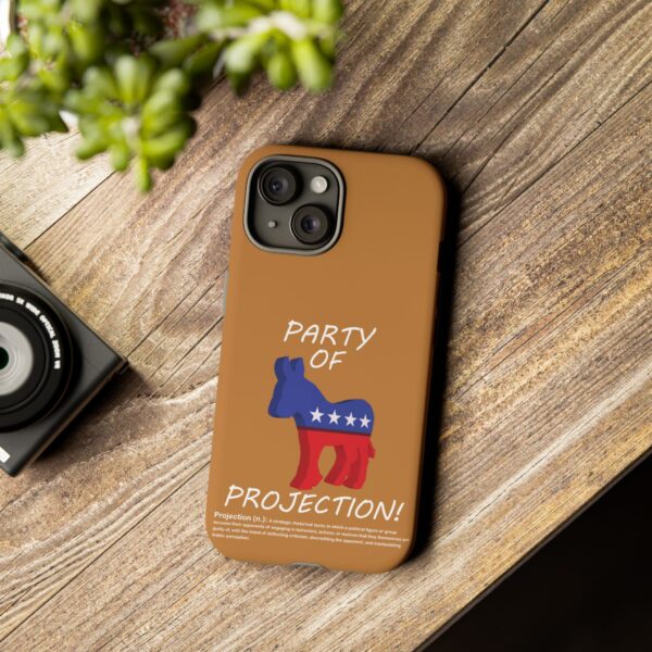 Custom Party of Projection White Text Tough Phone Cases for iPhone 15 on a table