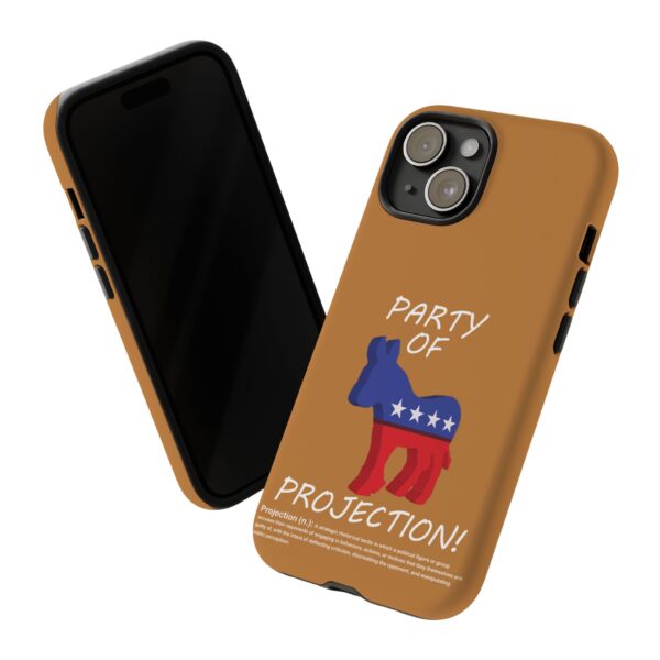 Custom Party of Projection White Text Tough Phone Cases sales display for iPhone 15 on a table