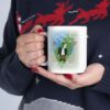 Frankenstien Will Be Free White Ceramic Mug being held by woman wearing Christmas sweater