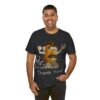 latino guy wearing dark grey heather It's Mr. Potato Head t-shirt white text