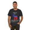 latino guy wearing dark grey heather Party Of Projection t-shirt