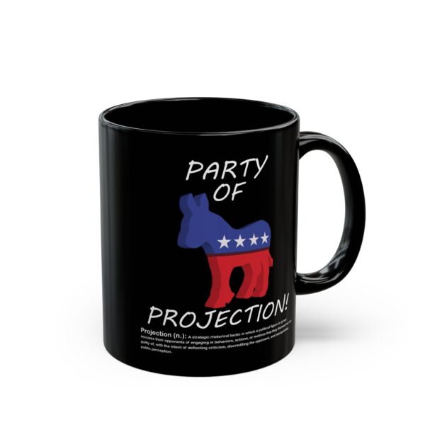 Party Of Projection black ceramic mug with white text, handle right