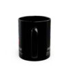 Party Of Projection black ceramic mug with white text, handle facing