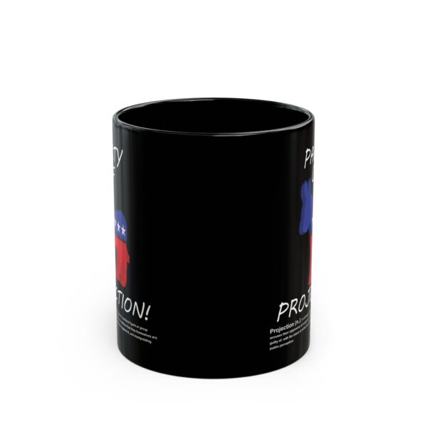 Party Of Projection black ceramic mug with white text, front side