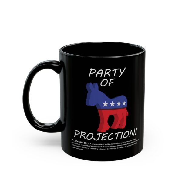 Party Of Projection black ceramic mug with white text, handle left