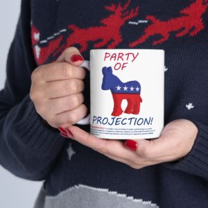 woman holding Party Of Projection white ceramic mug with two hands