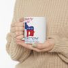 female wearing beige sweater holding Party Of Projection white ceramic mug with two hands