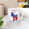 Party Of Projection white ceramic mug on a wooden coaster