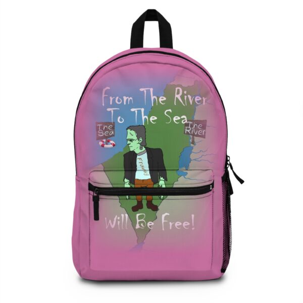 Pink From The River To The Sea Frankenstien backpack front view