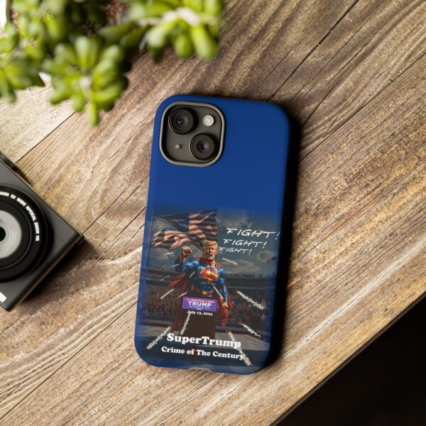 Dark Blue Custom SuperTrump Crime Of The Century Tough Phone Cases for iPhone 15 on a table