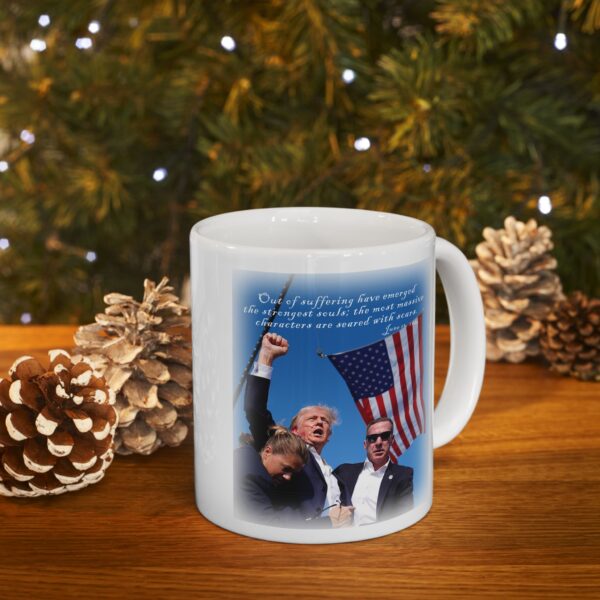 Mug Trump Seared With Scars white ceramic mug next to a Christmas tree