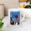 Mug Trump Seared With Scars white ceramic mug sitting on a wooden coaster