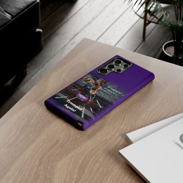 Purple Custom Trumped Again Tough Phone Cases for Samsung Galaxy S23 Ultra on a table