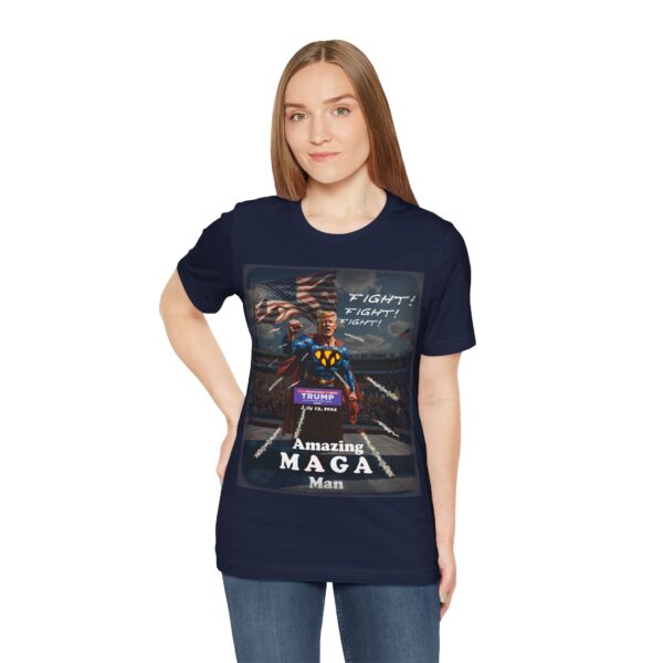 plain girl wearing navy blue amazing MAGA man trump assasintation attempt t-shirt