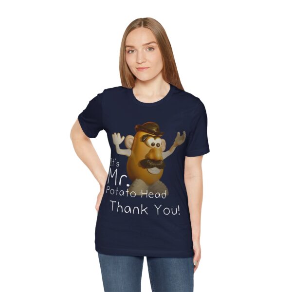 white girl wearing navy blue It's Mr. Potato Head t-shirt white text