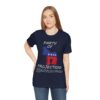 white girl wearing navy blue Party Of Projection t-shirt