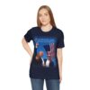 white girl wearing navy blue Trump Seared With Scars T-shirt