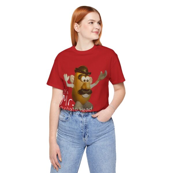 white girl wearing red It's Mr. Potato Head t-shirt white text