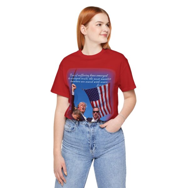 white girl wearing red Trump Seared With Scars T-shirt