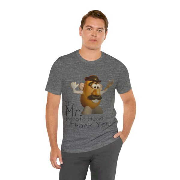 white guy wearing deep heather It's Mr. Potato Head t-shirt black text