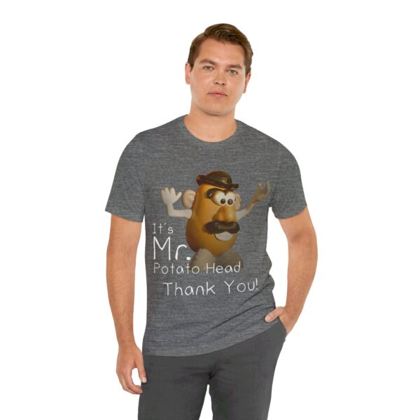 white guy wearing deep heather It's Mr. Potato Head t-shirt white text