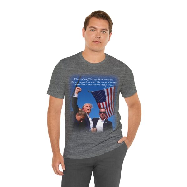 white guy wearing deep heather Trump Seared With Scars T-shirt