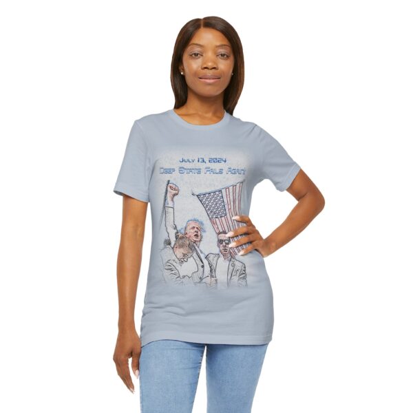 black girl wearing light blue deep state fails again tshirt