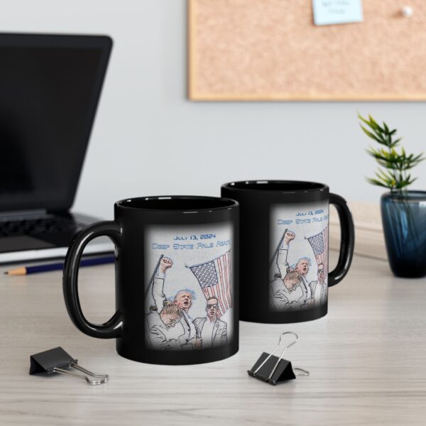 Two Black Deep State Fails Again Ceramic Mugs on a table next to a laptop computer