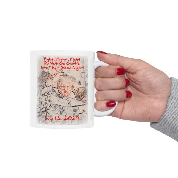 Do Not Go Gentle Into That Good Night White Ceramic Mug held in one hand