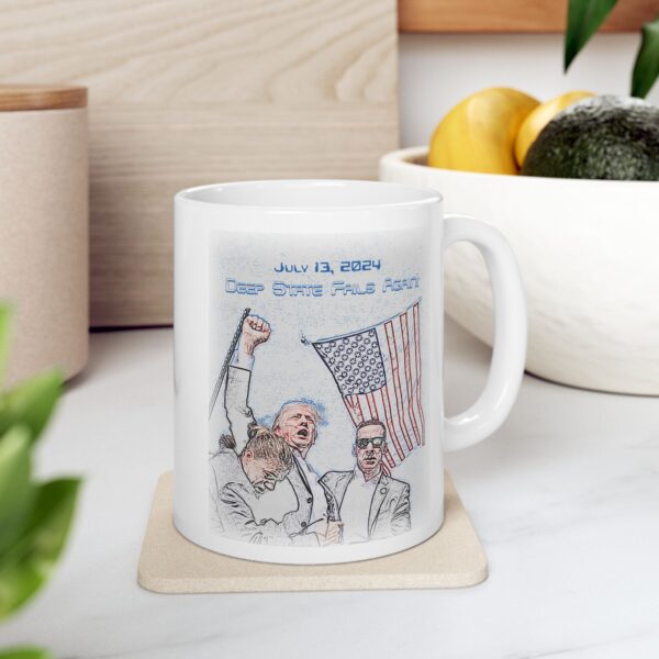 Mug Deep State Fails Again white ceramic mug sitting on a wooden coaster