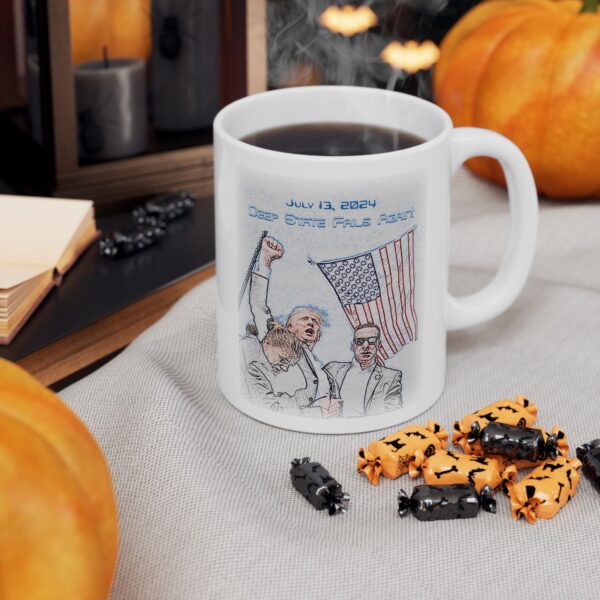 Mug Deep State Fails Again white ceramic mug in a Halloween setting